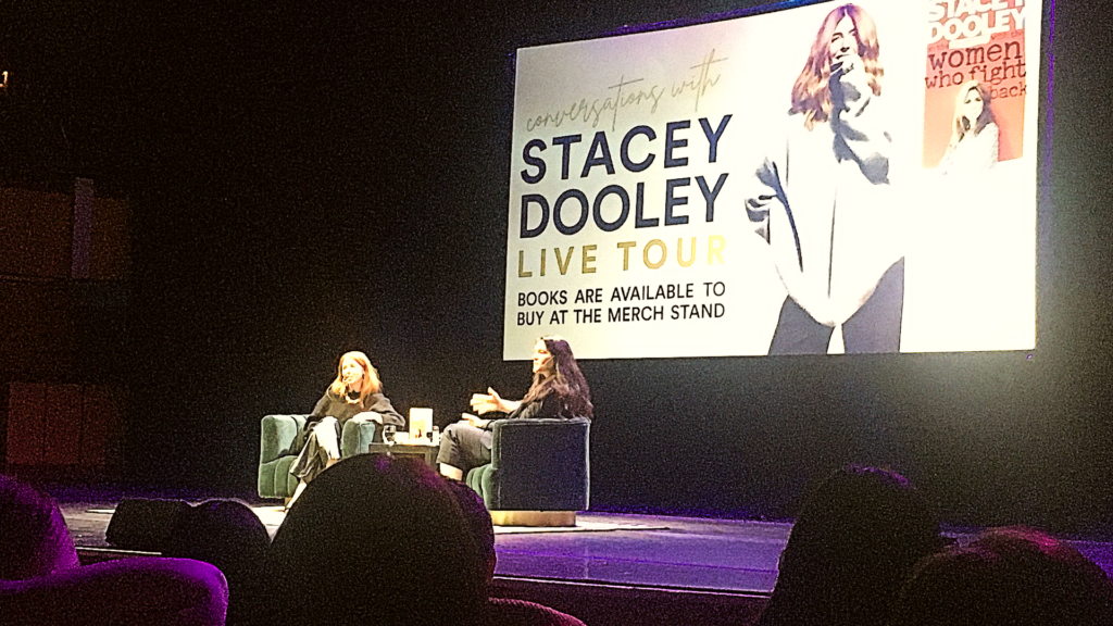 stage at Stacey's tour with her and an interviewer sat down