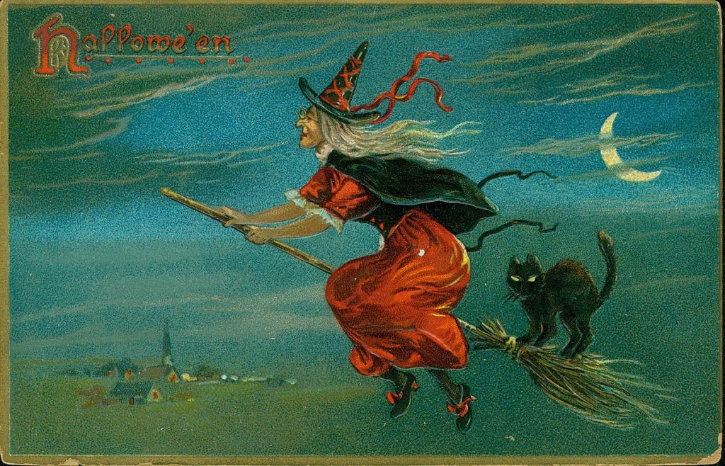 Postcard depicting a flying witch on a broomstick, circa 1908.