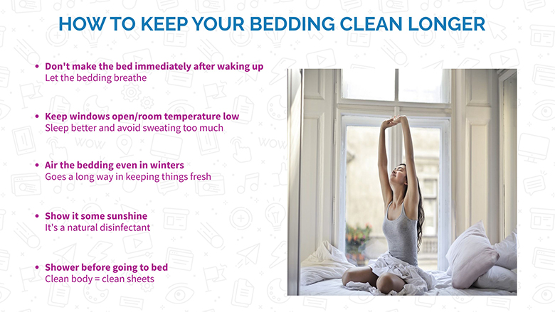 infographic, woman waking up on bed, text