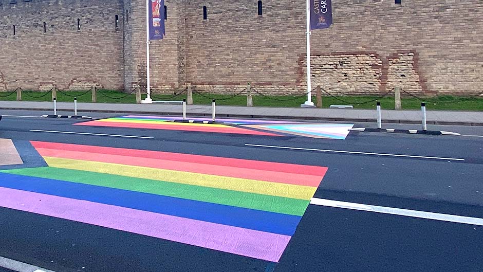 LGBTQ+ Flag painted on castle street, Cardiff