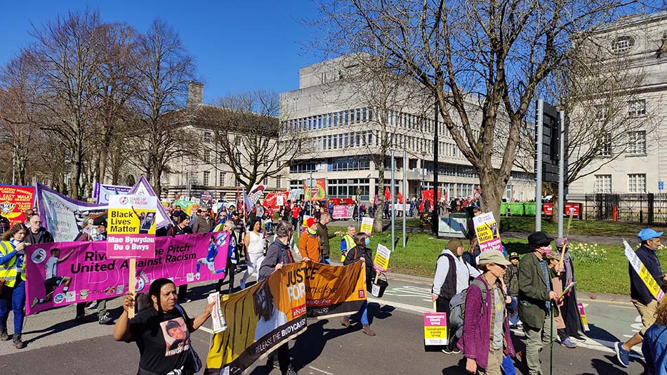 Protestors marching near the city hall