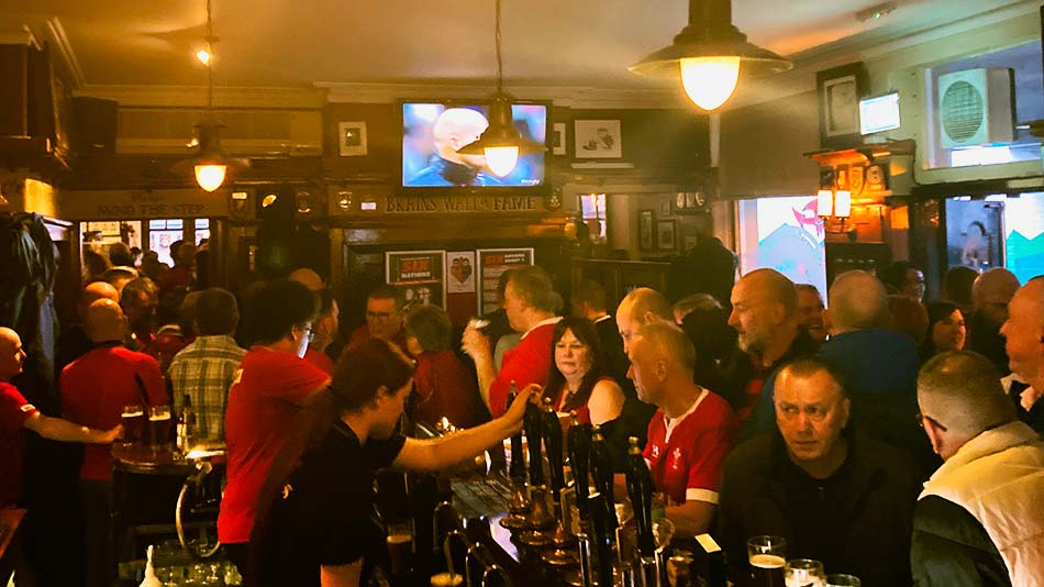 A pub full of rugby fans.