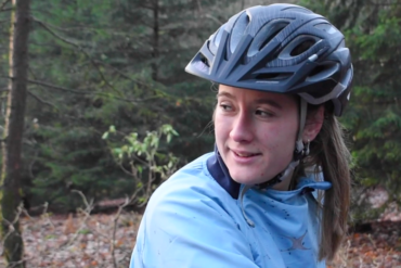 Laura in action, doing one of her favourite sports, mountain biking