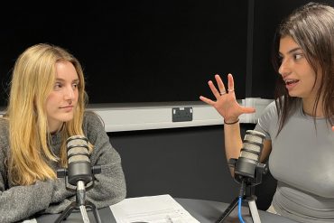 Podcast hosts Hannah and Hanna in the studio.