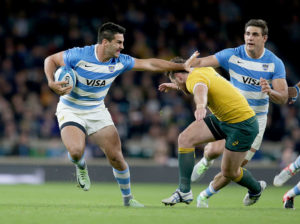 Jeronimo de la Fuente of Argentina goes past Bernard Foley of Australia during the The Rugby Championship match between Argentina and Australia at Twickenham Stadium, Twickenham - 08/10/2016 ©Matthew Impey / Wired Photos Picture by Matt Impey +44 7789 130347