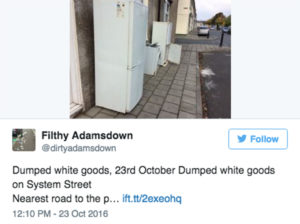The Filthy Adamsdown Twitter account posted a tweet about uncollected "white goods" on October 23