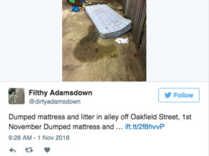 Tweet from Filthy Adamsdown about the mattress dumped on Oakfield Street.