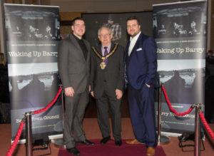 Matt Blumberg (left) and Ross Mackintosh (right) with the Mayor of Barry Town.