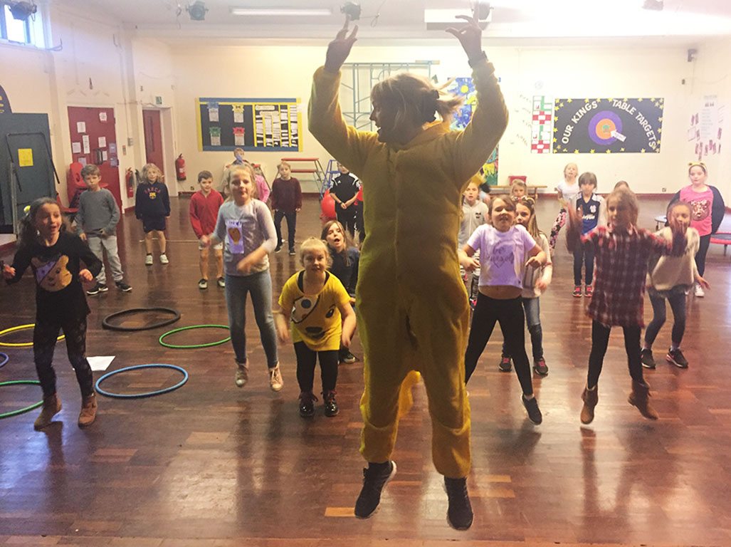 Headmistress Annette James leading the dance session for Year 4 for Children in Need