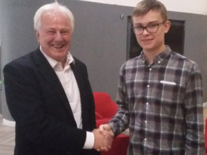 Dai Donovan shakes hands with his interviewer, USW student Joshua Prime.