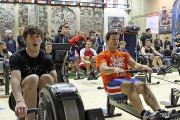 Rowers compete against the clock in the Welsh Indoor Rowing Championships.