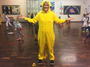 Headmistress of Llandaff City, Annette James dressed in a Pikachu onesie for Children in Need