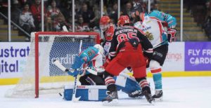 Cardiff Devils on the offensive against Belfast Giants.