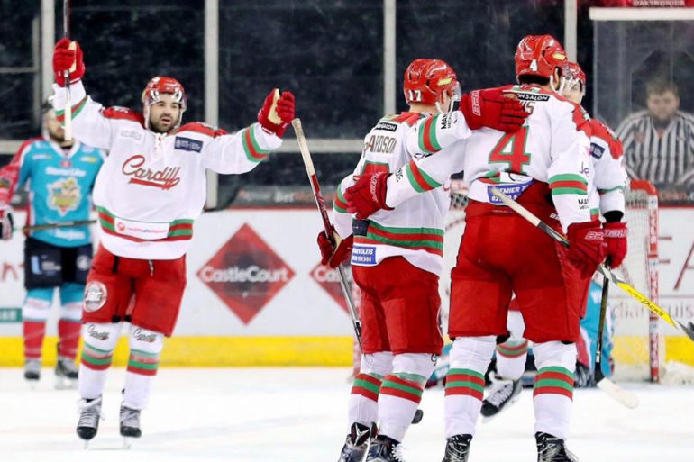 Cardiff Devils celebrate their victory over Belfast Giants.