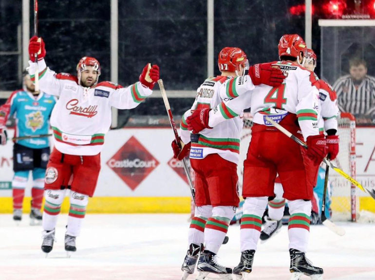 Cardiff Devils celebrate their victory over Belfast Giants.