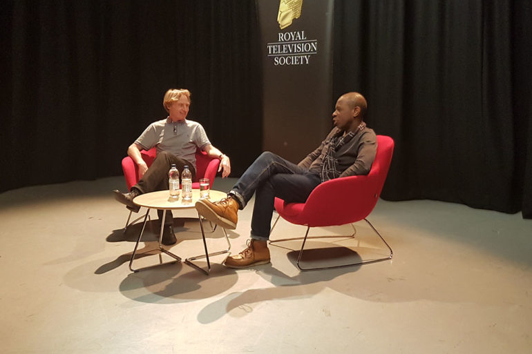 Clive Myrie with Tim Hartley at The New Atrium, University of South Wales.