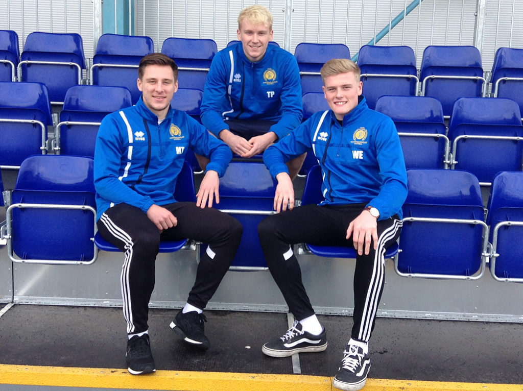 L-R: Cardiff Met Uni FC players Matt Taylor, Tim Parker, and captain Will Evans.