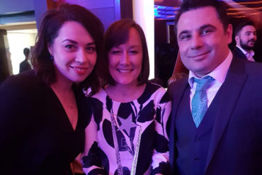 A photo of Anna and Zak Sarhan with Jo Stevens
