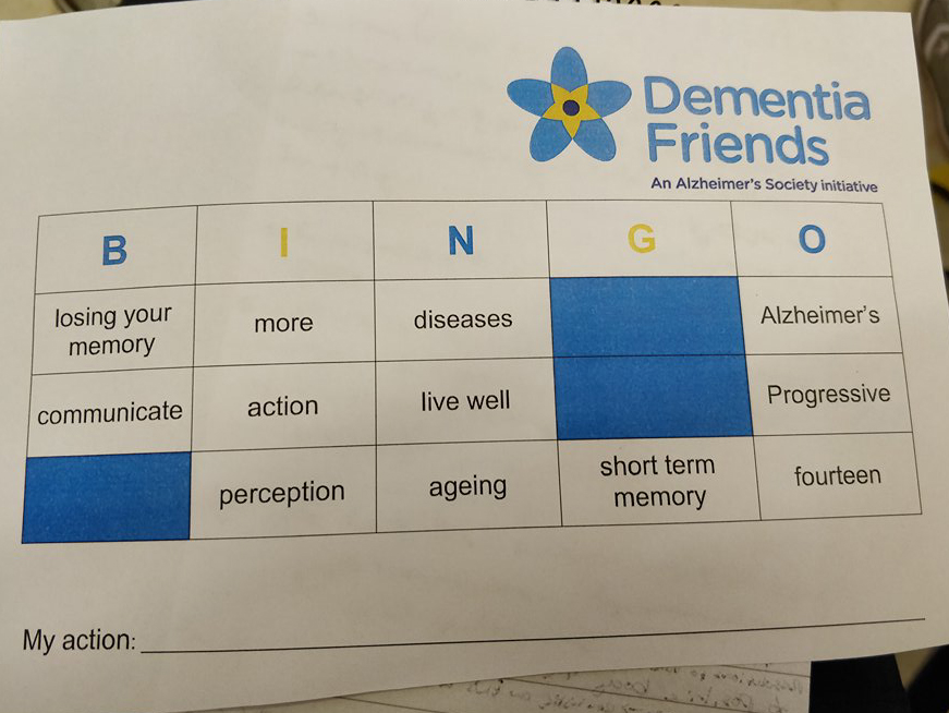 Dementia bingo card, the first activity at the event