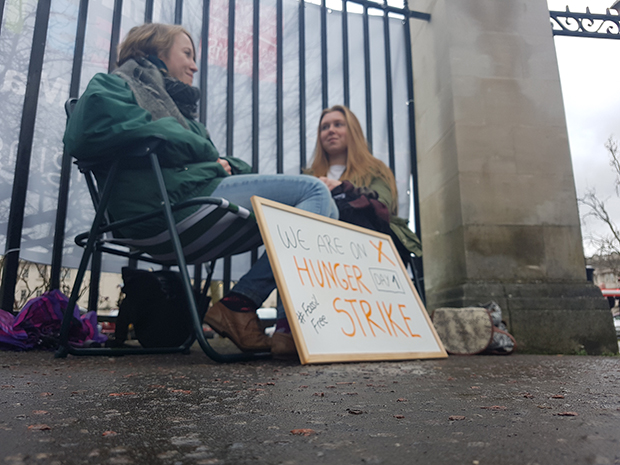 Two campaigners begin their hunger strike to persuade Cardiff University to stop investing in the fossil fuel industry.