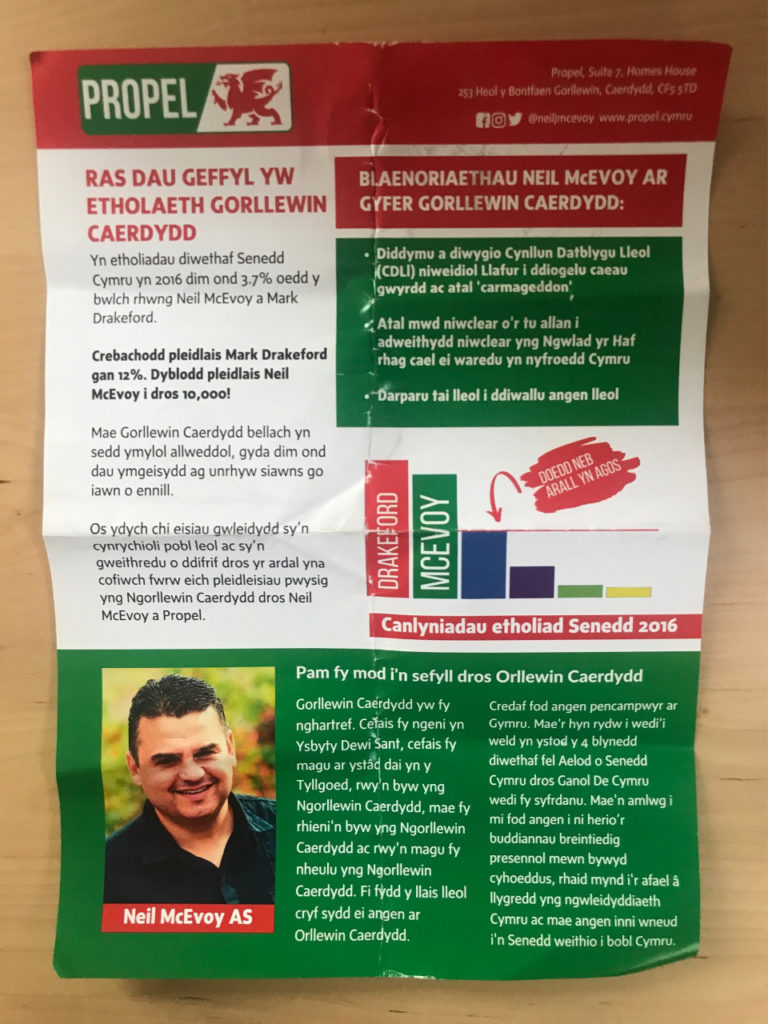 Neil McEvoy's Propel campaign leaflet in Welsh.