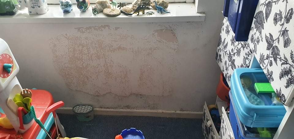 Mould photographed on wall below window near children's toys in one Lydstep flat