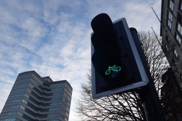 The bicycle traffic lights on Newport Road. Image by John Wimperis.