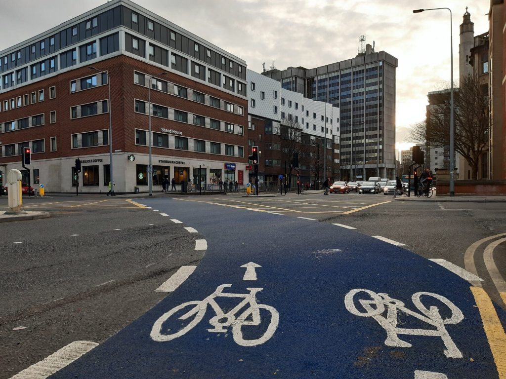 The bike lane at the Newport Road crossroads. Image by John Wimperis.