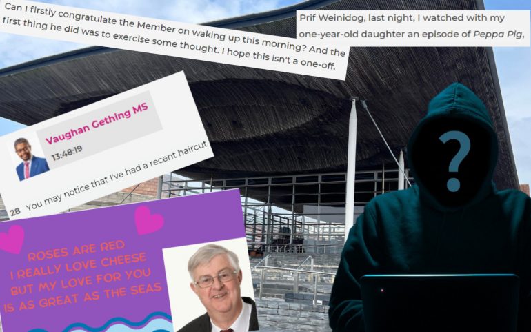 Picture of Senedd with memes and Senedd quotes imposed on it