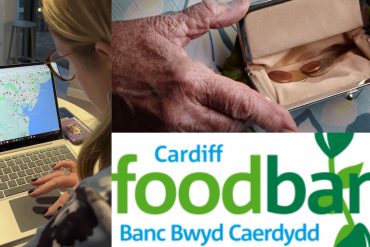 Composite image of a girl looking at a map, hands holding open an empty purse, and the Cardiff Food Bank logo