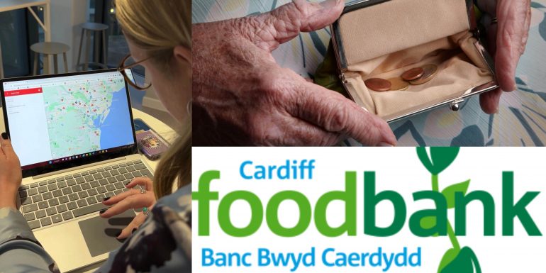 Composite image of a girl looking at a map, hands holding open an empty purse, and the Cardiff Food Bank logo