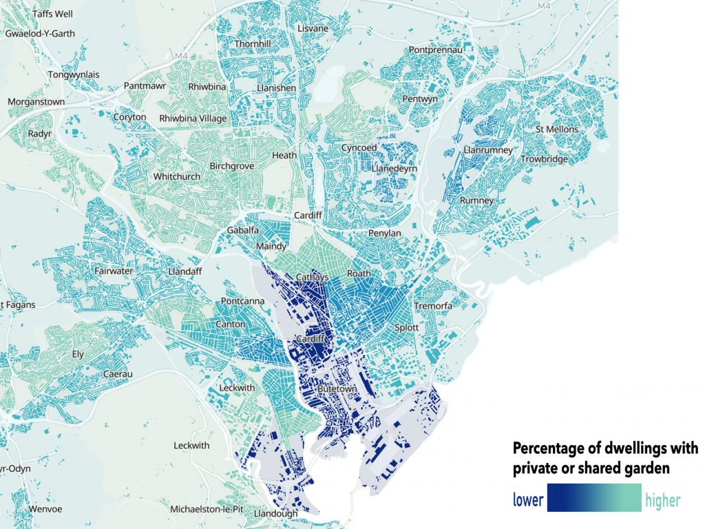 Map of Cardiff. Darker blue = lower % of dwellings with garden access