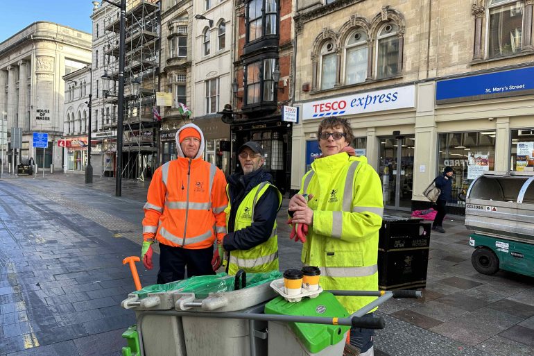 Street cleaning teams on match day Cardiff city centre