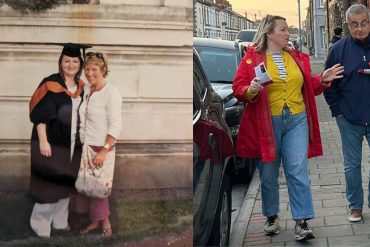 On the left is Anny Anderson and Jane Jenshaw. On the left is Anny Anderson out campaigning and talking to a local resident.