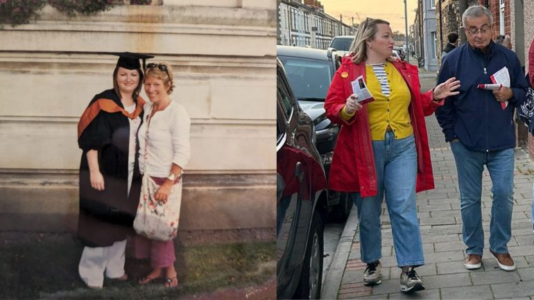 On the left is Anny Anderson and Jane Jenshaw. On the left is Anny Anderson out campaigning and talking to a local resident.