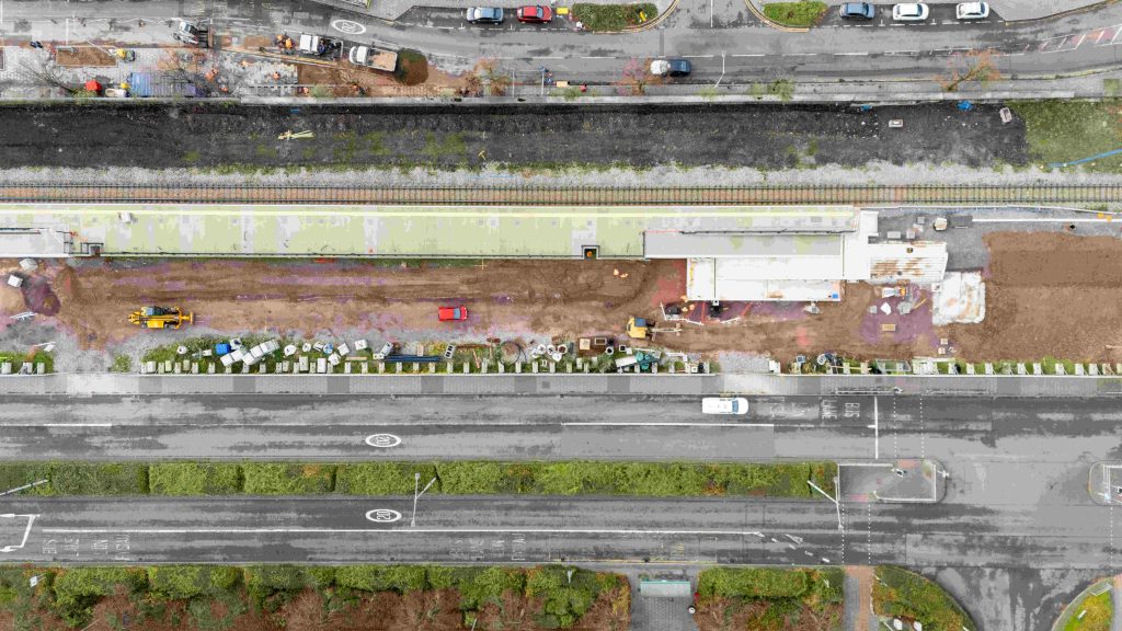 A birds-eye view of the road and rail work by Bute Street.